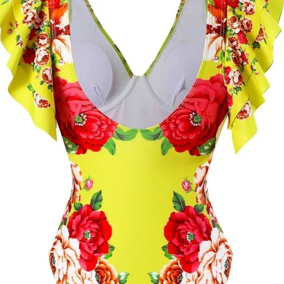 Callie Chartreuse: Red Peony Floral Print Ruffle Cap Sleeve Retro Swimsuit - Picture 17 of 17